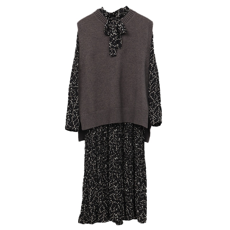 ENJOY'ME女装2019冬季新品后背系扣马夹领口系蝴蝶结碎花连衣裙套装