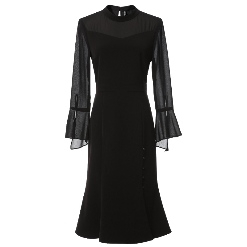 欧昵雪秋装圆领雪纺喇叭袖高腰鱼尾连衣裙女修身开叉中裙