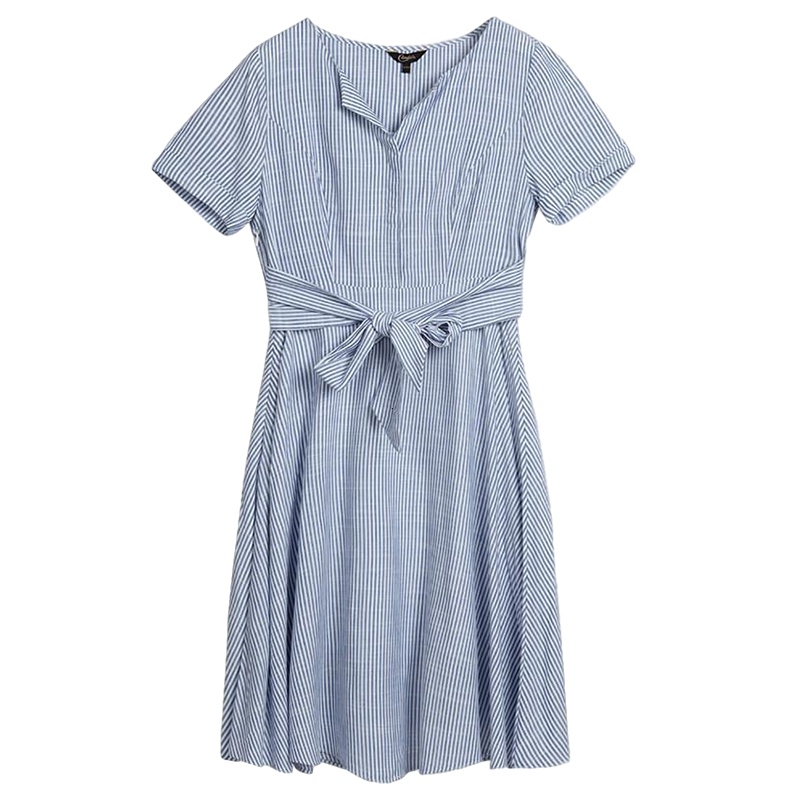 拉夏贝尔冷淡风裙子女夏季新款圆领修身显瘦收腰a字裙条纹短袖连衣裙_412 S 条纹混色