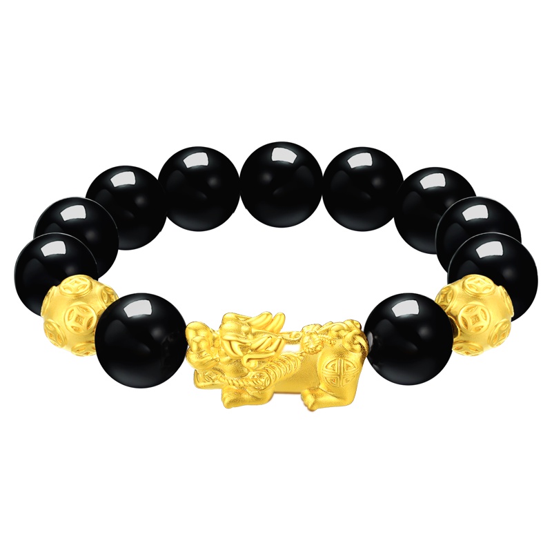 蒂蔻 貔貅铜钱金珠黄金手链男士款足金黑玛瑙路路通手串