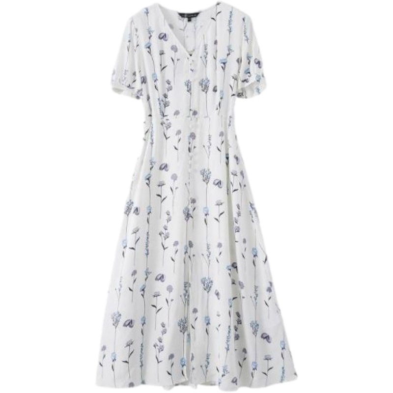 拉夏贝尔2021夏季新款连衣裙女短袖v领韩版碎花简约超仙显瘦女神