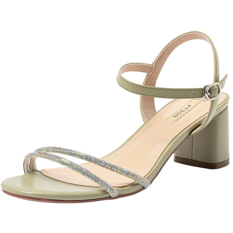 百田森2020夏季商场同款凉鞋女仙女风一字带粗跟闪点钻饰中跟凉鞋