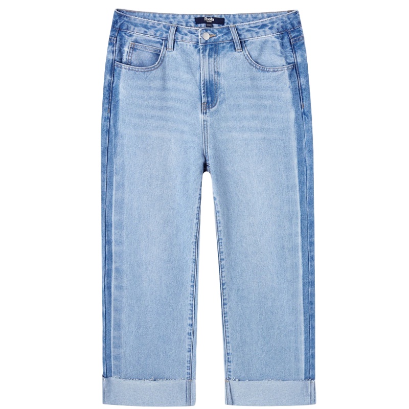 拉夏贝尔阔腿裤女装夏季新款休闲宽松高腰直筒裤学生裤子九分裤潮牛仔裤