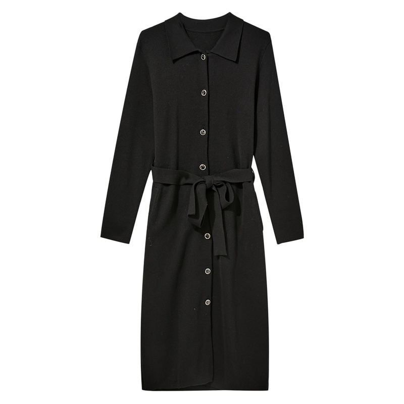 伊布都ibudu2020秋季新款翻领单排扣腰带长袖针织裙连衣裙女