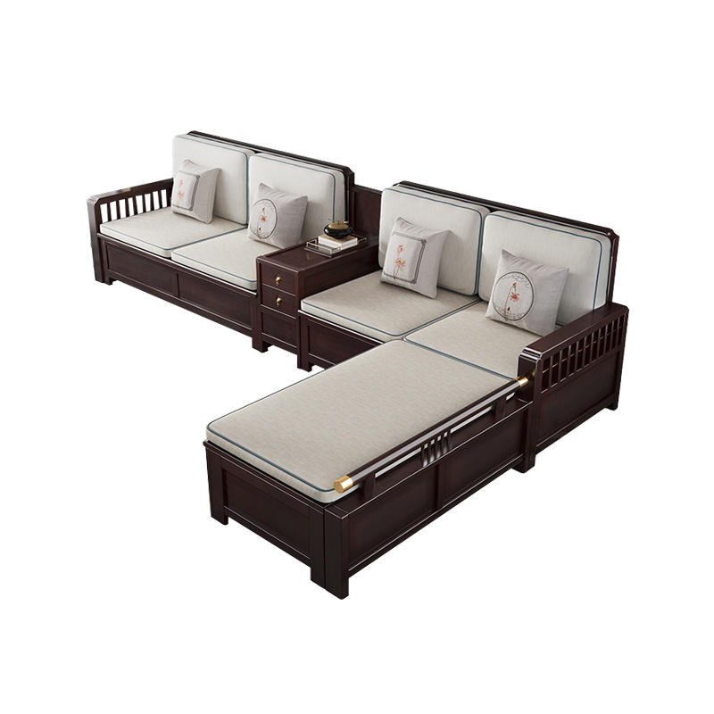 月影梳桐新中式高箱沙发组合冬夏两用转角茶水柜软包布艺储物实木贵妃沙发