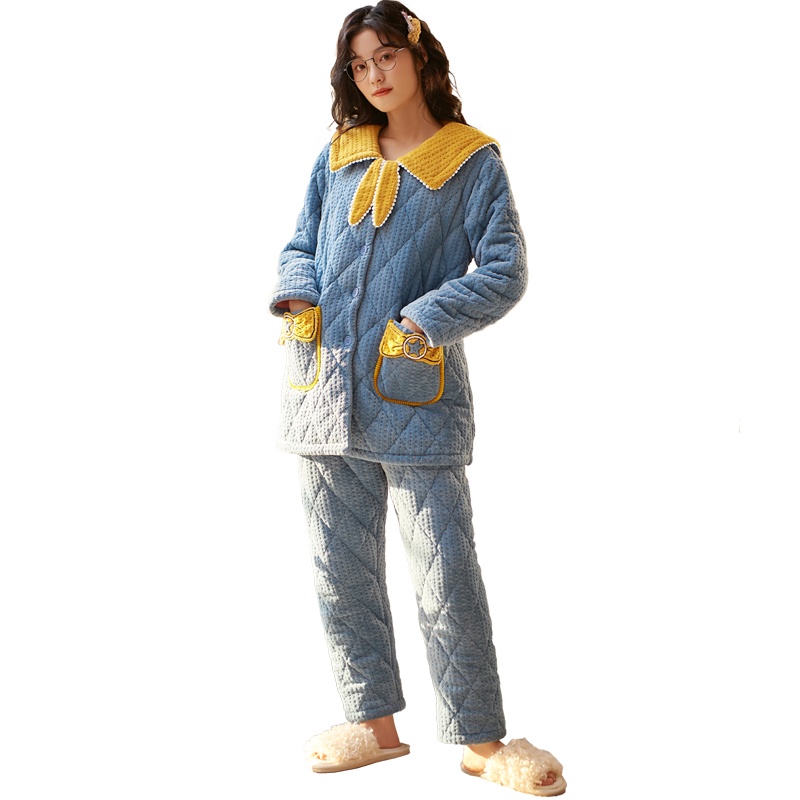 猫人睡衣女秋冬季三层夹棉袄加绒加厚保暖珊瑚绒两件套装家居服