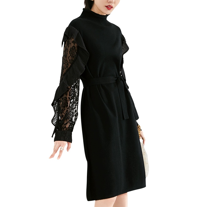 晚白2020冬季新品立领长袖纯色收腰系带毛衣裙蕾丝针织连衣裙女