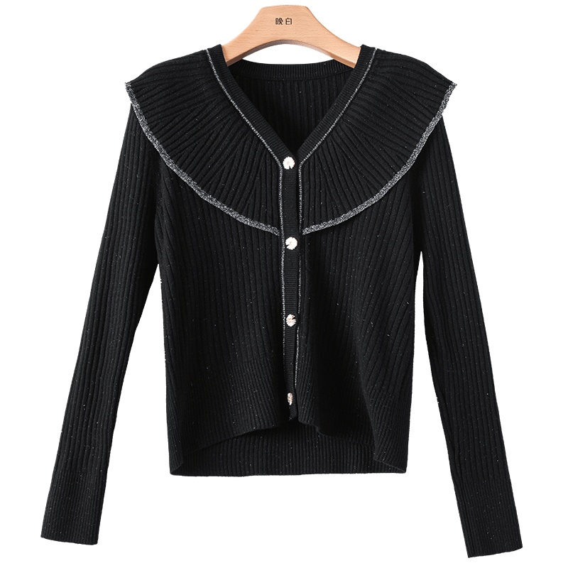 晚白2020冬季新品时尚荷叶边V领长袖休闲百搭打底衫毛衣针织衫女