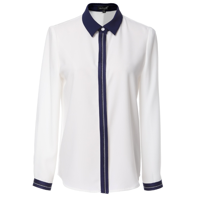欧昵雪秋装拼接撞色翻领衬衫女长袖OL气质休闲白色衬衣