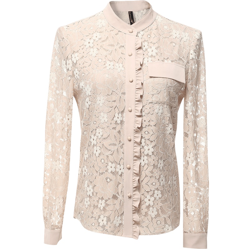 欧昵雪秋季立领拼接木耳边套头勾花镂空蕾丝衫女长袖上衣