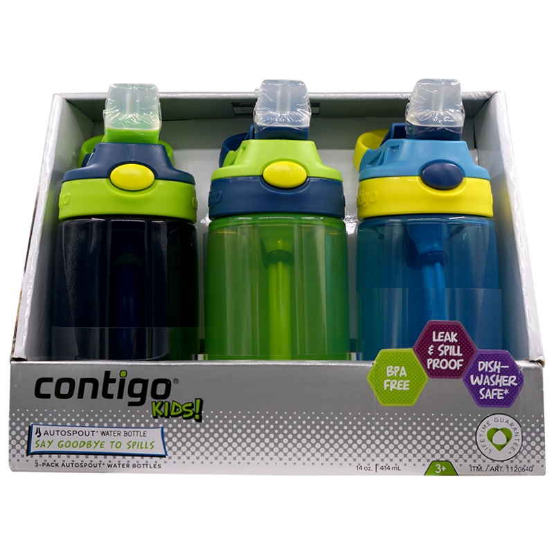 让宝宝爱上喝水-经典款美国康迪克contigo儿童吸管杯防水杯414ml 3岁以上男童版PP材质 学生水壶 3个组合装