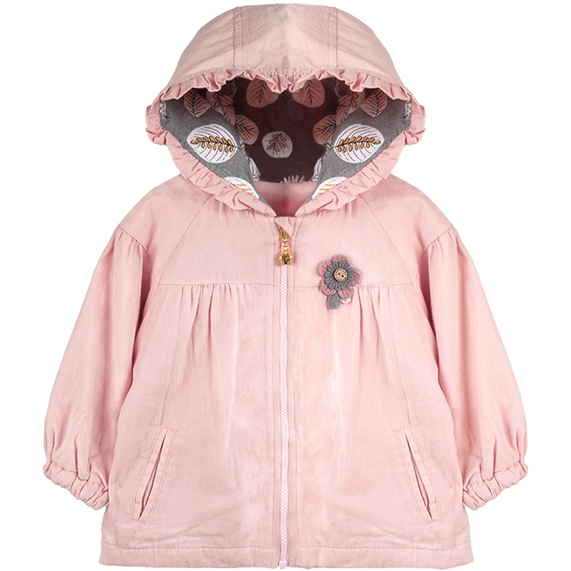 婴姿坊女童春秋新款外套宝宝双层轻薄拉链双小口袋花边连帽田园风