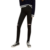 丝柏舍2019秋装女时尚纯色简约修身高腰破洞牛仔裤S93T4595K