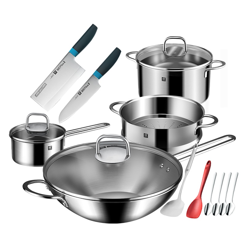 德国双立人(ZWILLING)Nova Plus 30cm炒锅套装奶锅辅食锅汤锅蒸笼炖锅Now S蓝莓中片刀多用刀组合