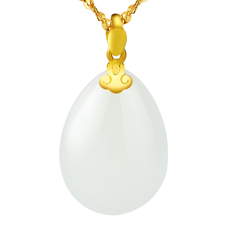 印象眸 足金镶和田玉白玉水滴形吊坠 黄金如意镶玉石玉坠项链坠子
