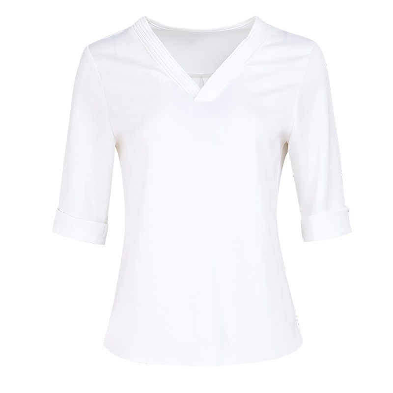 晚白2019新品时尚休闲百搭职业常规款纯色V领中袖衬衫上衣女