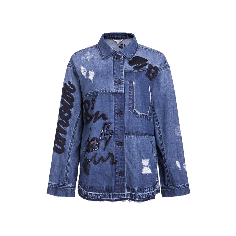 拉贝缇春季韩版新款风时尚休闲百搭显瘦绣花磨破宽松做旧牛仔外套60005355