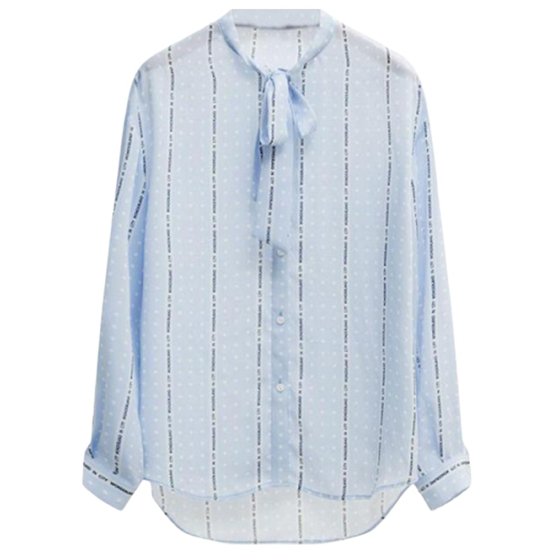 拉夏贝尔条纹衬衫女长袖春季衬衣字母小清新上衣蝴蝶结系带女装10018358