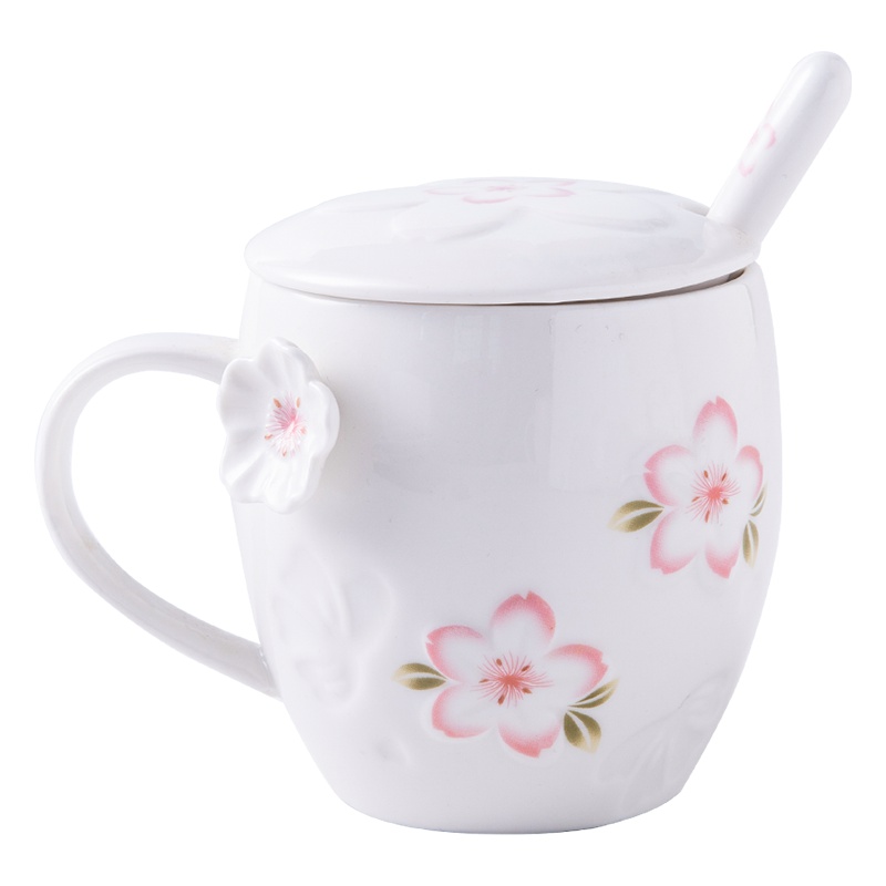 瓷魂 创意尚花马克杯带盖勺情侣立体水杯子陶瓷杯简约牛奶咖啡杯办公室 樱花杯 白色