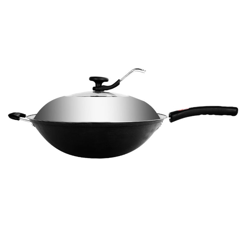 [品牌优选]无涂层老式铁锅不粘锅炒锅电磁炉煤气灶炒菜锅具吉祥鹤 34圆底加厚+不锈钢盖送铁铲