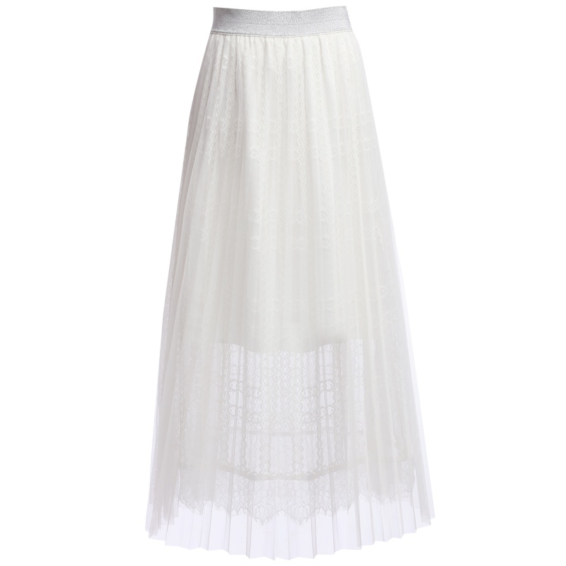 欧昵雪夏季新高腰拼接睫毛蕾丝纱裙女中长款半身百褶a字裙