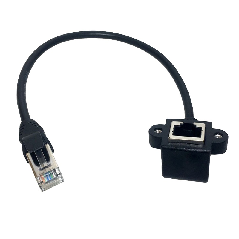 超五类弯头网线延长线 千兆宽带 网络延长器 纯铜RJ45公对母 90度弯头带螺丝孔 可固定 黑色0.6米 50条装