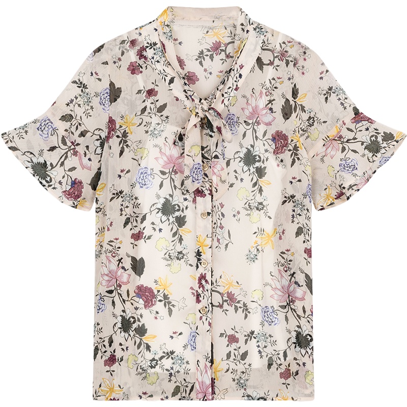 拉夏贝尔碎花雪纺衫超仙女装夏季新款荷叶短袖宽松很仙的上衣洋气衬衫