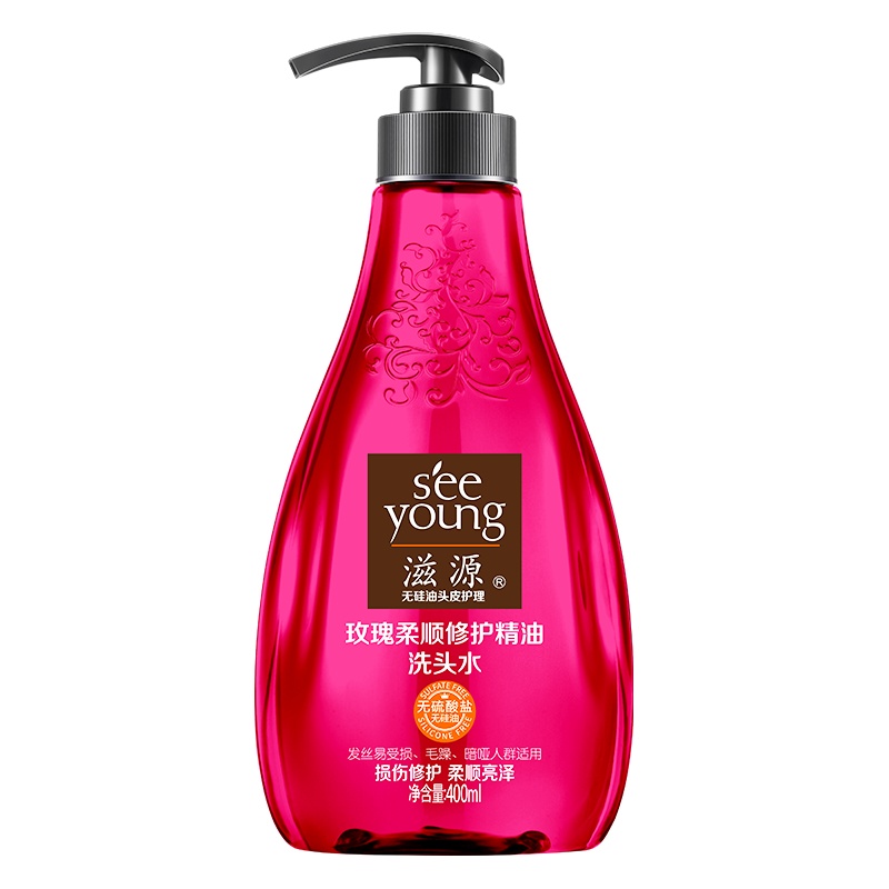 滋源(seeyoung)玫瑰精油洗发水 柔顺修护洗发露400ml(无硅油无硫 精油润养 深层修护 水润亮泽)