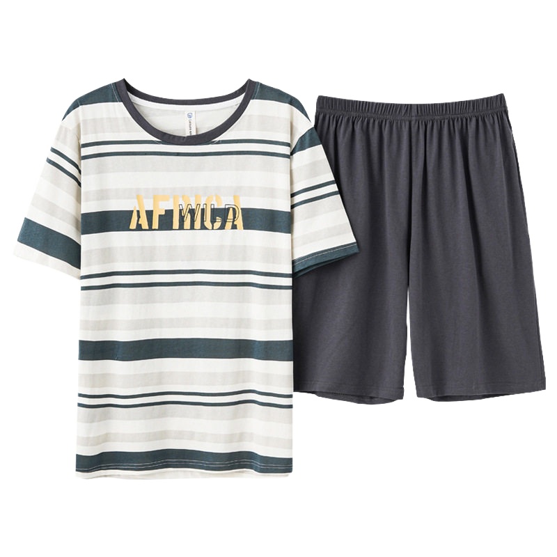 俞兆林夏季纯棉睡衣男短袖短裤套装全棉薄款学生青年可外穿条纹家居服