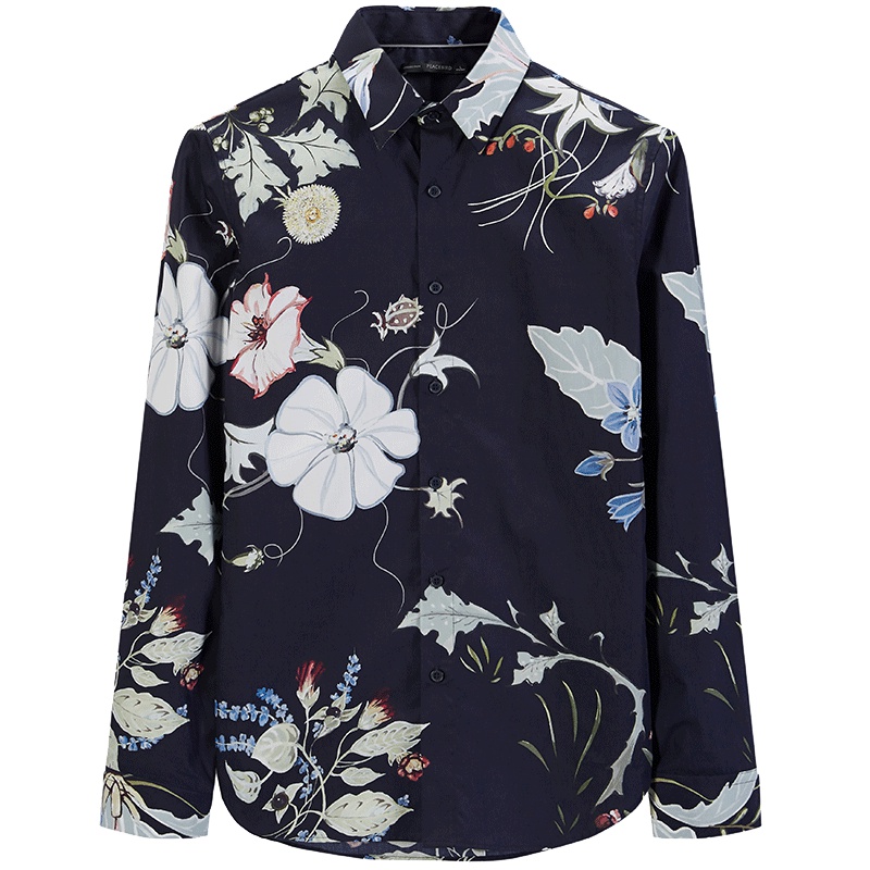 太平鸟男装藏蓝色个性印花长袖衬衫休闲修身韩版衬衣