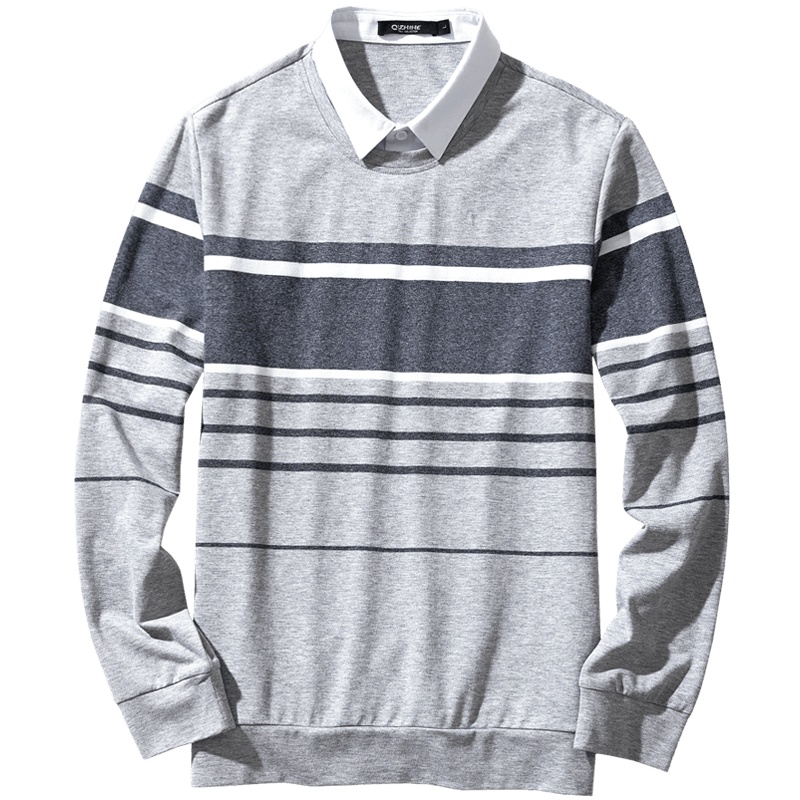 千纸鹤男士夏季修身短袖方领条纹衬衫 休闲纯棉灰色衬衣10115