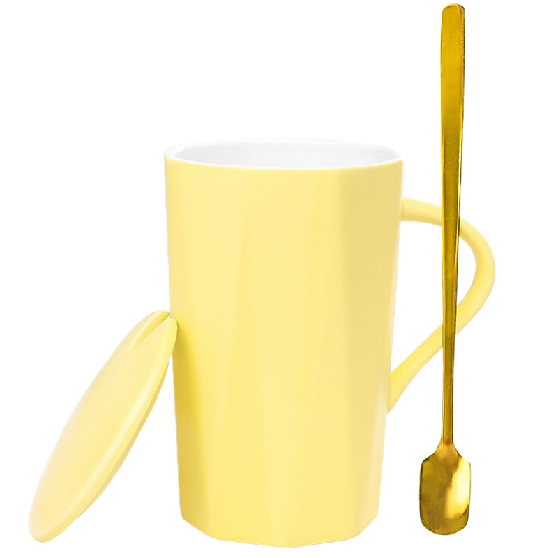 贝瑟斯 陶瓷马克杯带盖带勺陶瓷杯创意咖啡杯套装牛奶杯菱形情侣杯大容量水杯柠檬黄