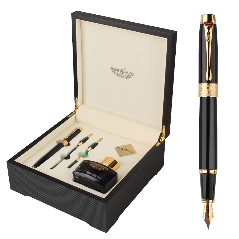 英雄(HERO)钢笔商务办公书写书法练字笔组合套装 臻至礼品文具木质盒装H638