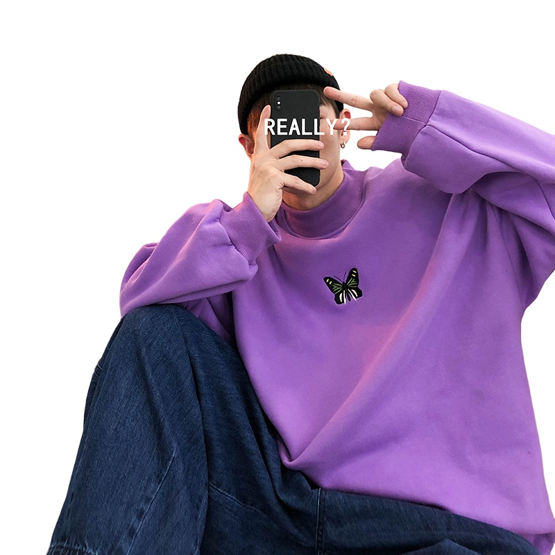 茜靓CHYLLIRN蝴蝶刺绣长袖圆领加厚卫衣男港风街头嘻哈ins潮流百搭