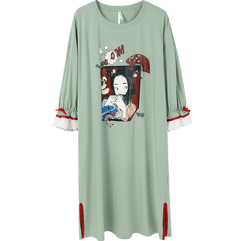 安之伴睡衣女卡通印花棉质可外穿睡裙纯棉弹力针织素色长袖女裙