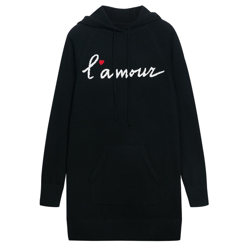 ERDOS 秋冬带帽字母提花女连衣裙时尚百搭羊绒裙