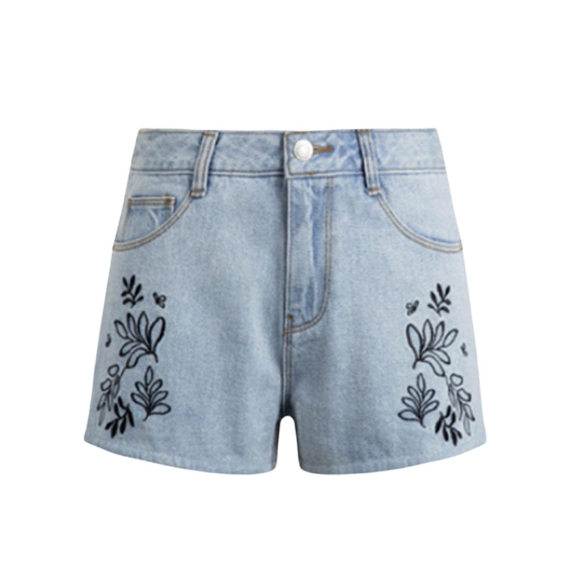 拉夏贝尔puella夏季新款休闲街头显瘦纯色直筒绣花牛仔短裤热裤女20010336