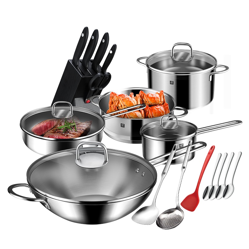 德国双立人(ZWILLING))Nova系列 30cm中式炒锅套装不锈钢炒锅汤锅刀具套装厨房家用组合