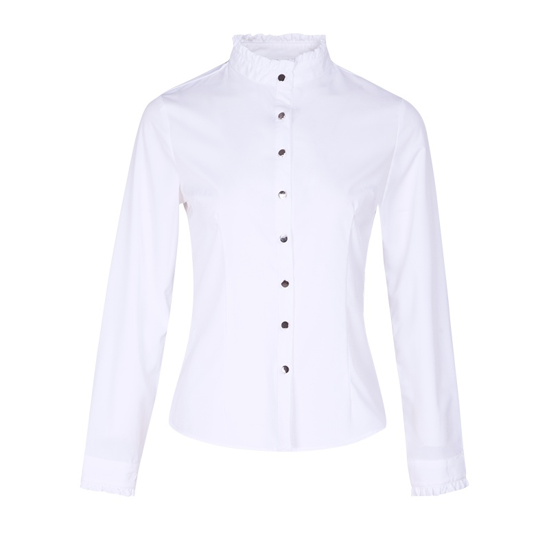 晚白女上装2019秋季新款纯色花边立领通勤职业单排扣上衣长袖衬衫