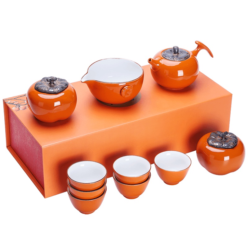 陶瓷功夫茶具礼盒套装柿柿如意茶杯茶壶组合简约茶道泡茶用具 柿柿如意礼盒装