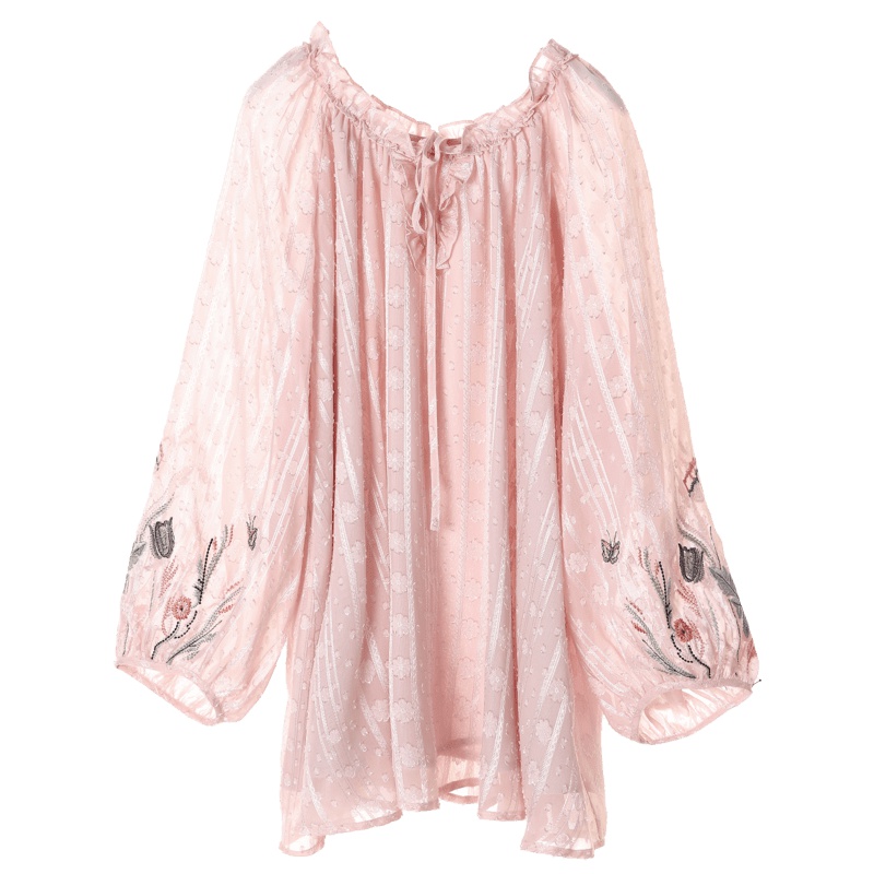 裂帛圆领宽松七分袖雪纺衫新款花边刺绣洋气很仙的小衫