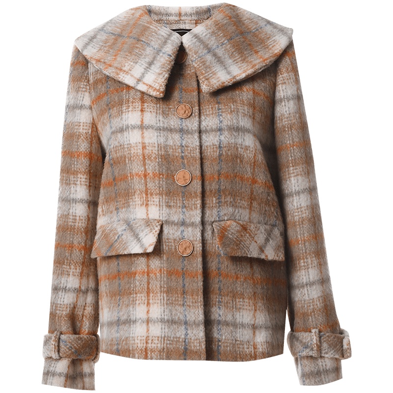 欧昵雪冬装复古翻领格子毛呢短外套女显瘦长袖呢子夹克