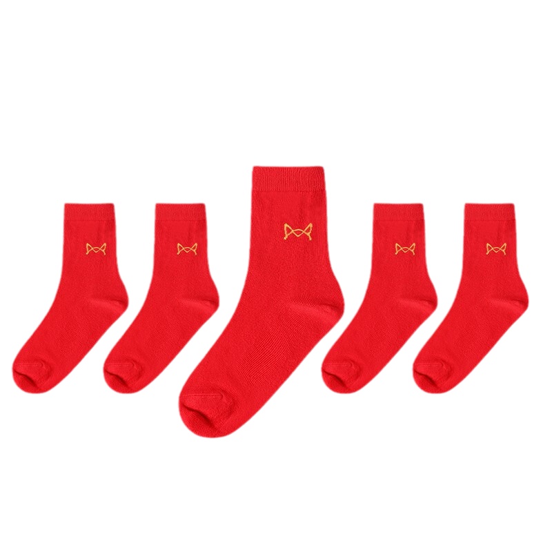 猫人MiiOW 5双装袜子男秋冬中筒袜纯色透气棉袜男士本命年袜情侣红色袜