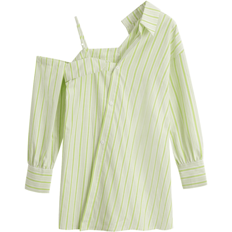 OtherMix漏肩条纹衬衣女2021年夏季新款小众宽松长袖衬衫上衣