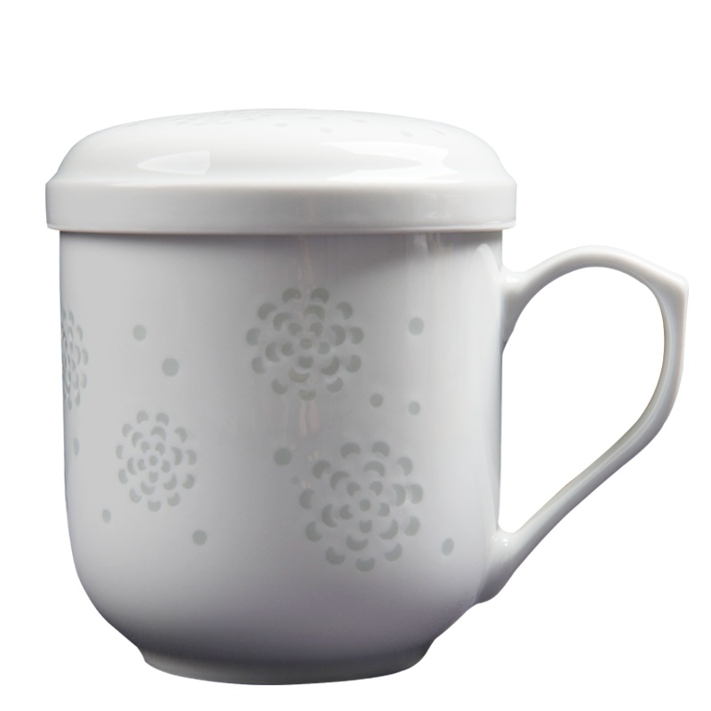 景德镇古镇陶瓷茶杯套装玲珑瓷带盖过滤杯定制陶瓷杯办公室马克杯大号过滤杯海棠花