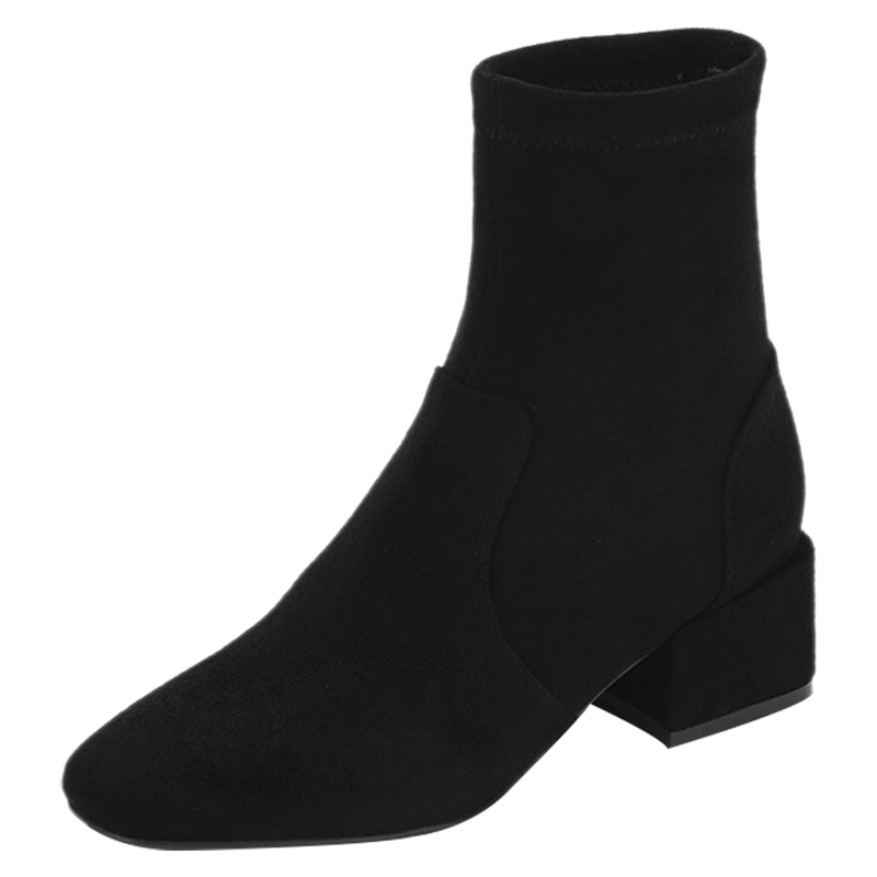 达芙妮短靴秋冬靴新款弹力粗跟方头绒面中跟女袜鞋