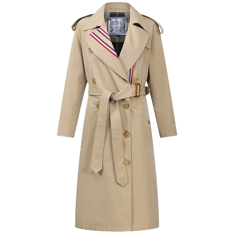 爱号双排扣长款风衣女2021年春秋新款英伦风高端彩条纹修身收腰外套