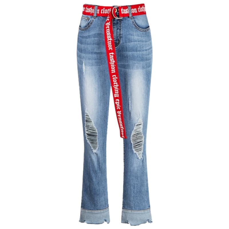 拉夏贝尔夏季女韩版百搭学生高腰破洞九分裤牛仔裤