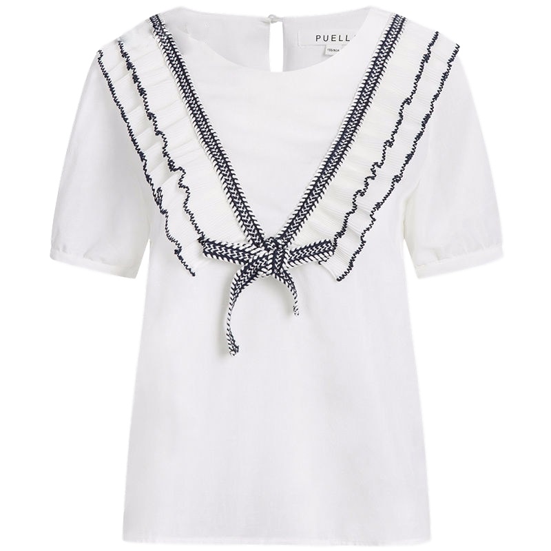 拉夏贝尔夏季新款衬衫女款Puella时尚甜美圆领短袖显瘦学院风上衣衬衫女20010011