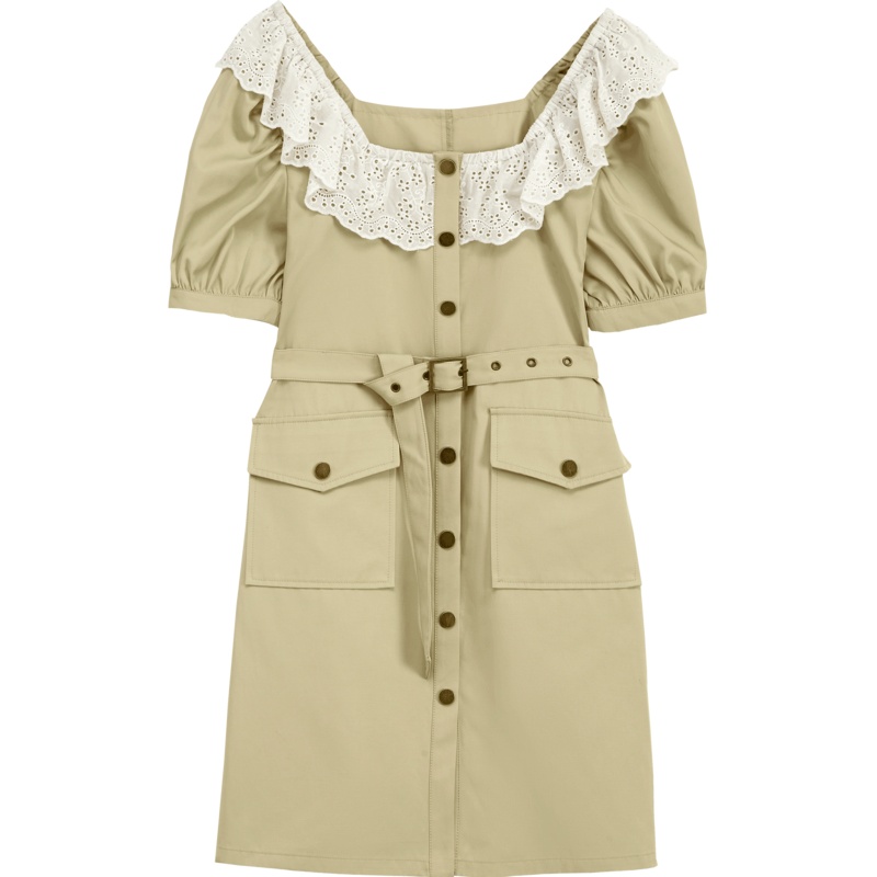 OtherMix蕾丝方领连衣裙2021年夏季新款潮流工装收腰泡泡袖裙子女